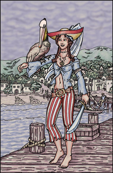 A picture of a pirate with a pet pelican.