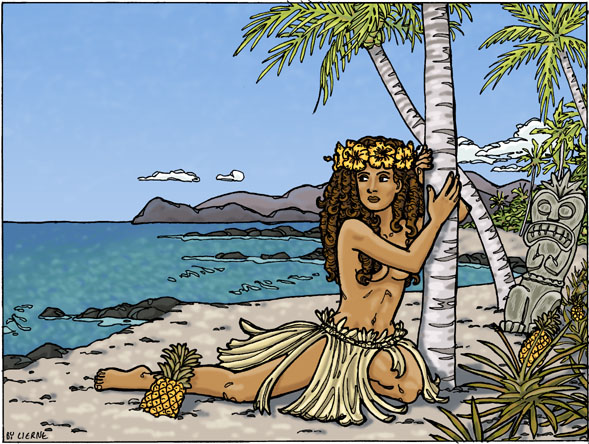 This is a drawing of a hawaiian chick.  There's a tiki and some pineapples also.  Mmmm, pineapples.