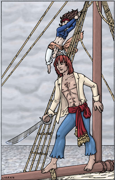 Some pirates high up in a ship's rafters - er - rigging.