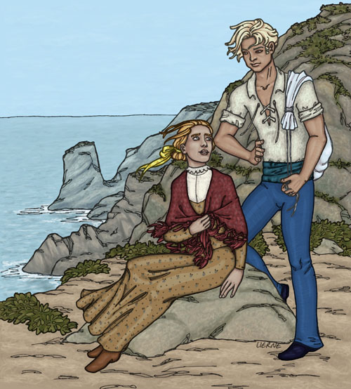 A girl and her sailor boyfriend on a seaside cliff.