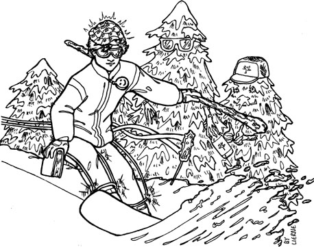 A drawing of cardern on his sn0board with hipster ents.