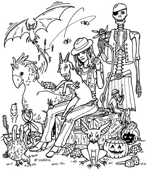 A drawing of a Turtle Tamer and her pet familiars.