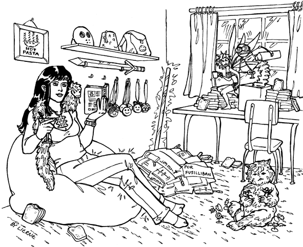 A drawing Hotpasta relaxing in her house with cool stuff and familiars.